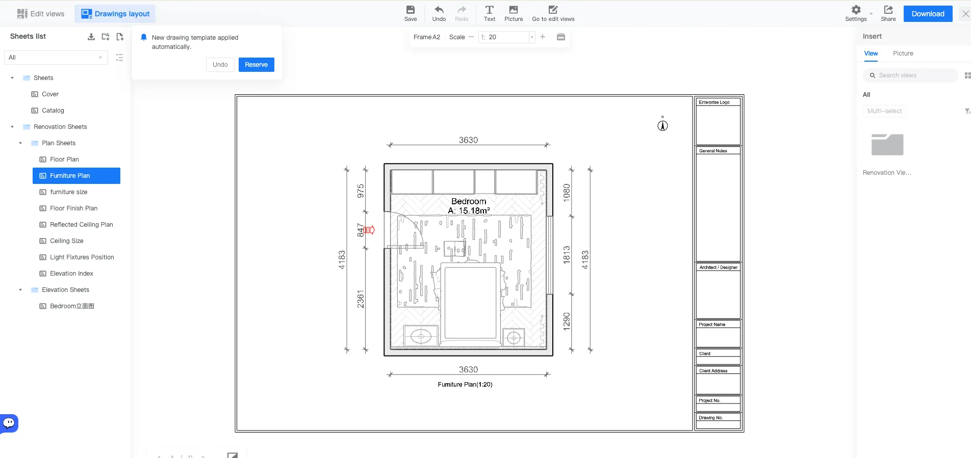 Technical drawing editor showing a dimensioned bedroom furniture plan with a bed, rug, cabinets, and construction sheets.