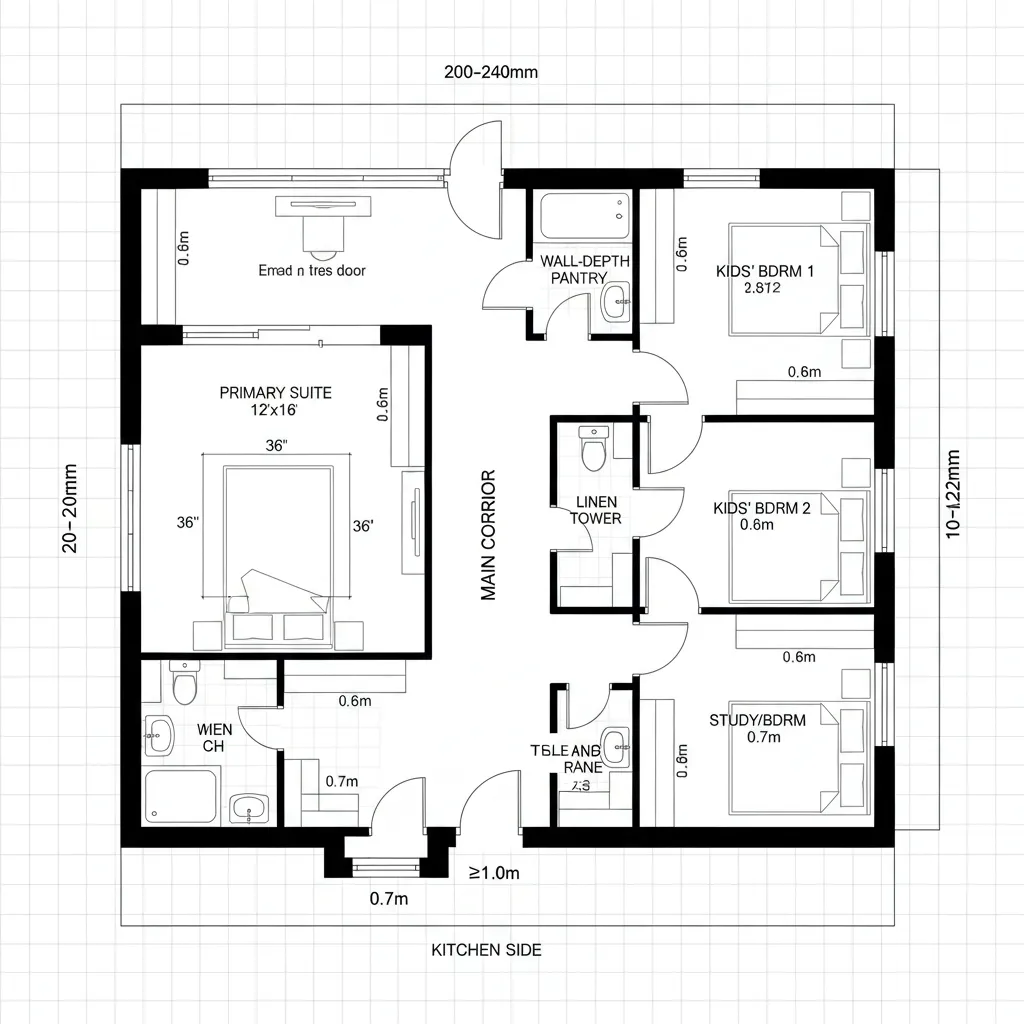 Axis-Split Primary Suite + Three Secondary Rooms